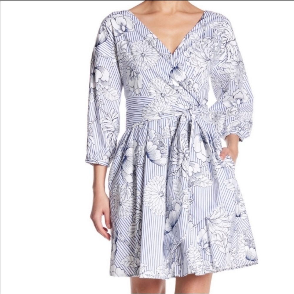 Alexia Admor Striped Floral 3/4 puff Sleeve Tie waist mini Dress with pockets